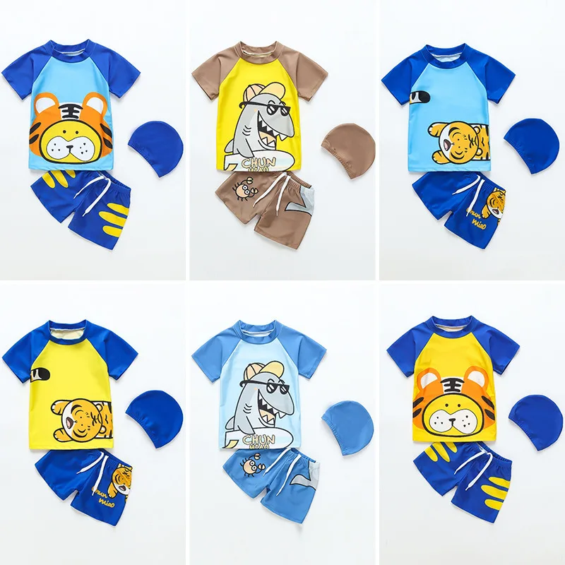 

Boys Short Sleeve Swimwear With Cap Swimsuits Toddler Boys Floating Beachwear Swimming outfit Kids Cartoon Swimset 3pcs