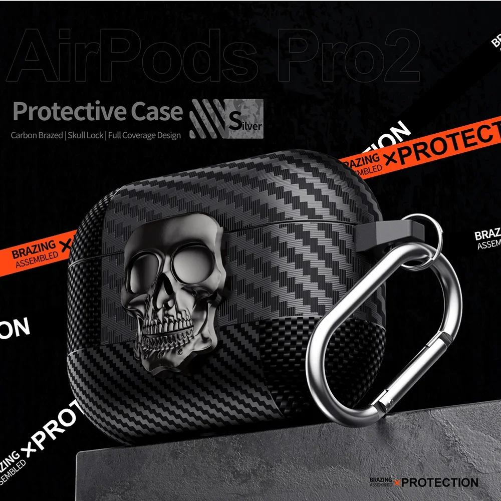 Фото Чехол для наушников серии Suit Thug Skull для Airpods 4 Pro3, чехол для наушников Airpods Pro 2 3 2 1, чехол из углеродного волокна с крючком №2