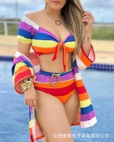 2022 summer women rainbow striped swimsuit cardigan three piece set fashion casual women jacket swimsuit sets
