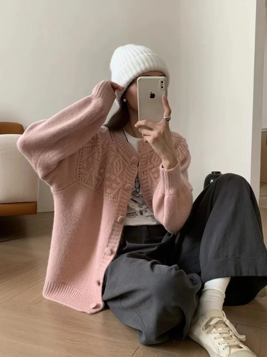 Изысканный дизайн вязаный крючком шерстяной кардиган с круглым вырезом