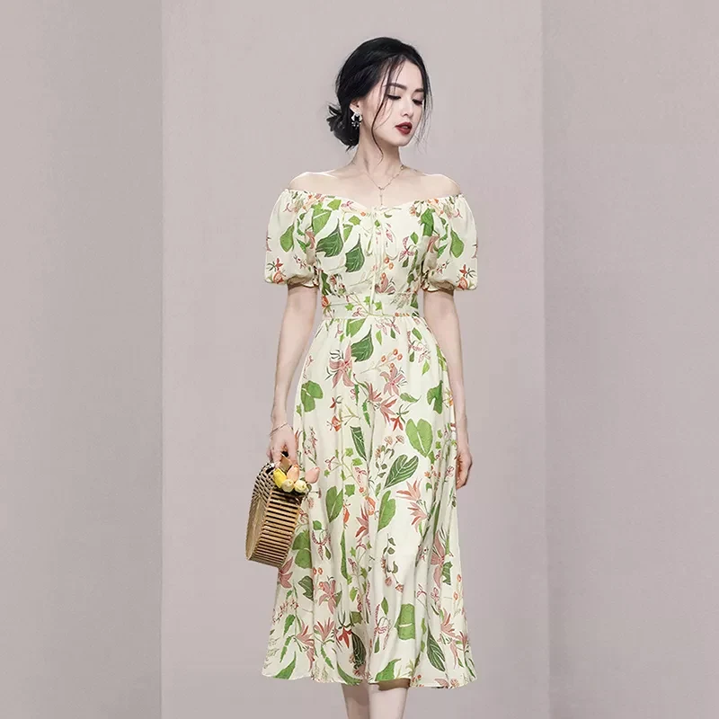 

High Quality Women Summer Elegant Chiffon Printed Dress Short Sleeve Cocktail Party Robe Female Vintage Midi Dresses Vestidos