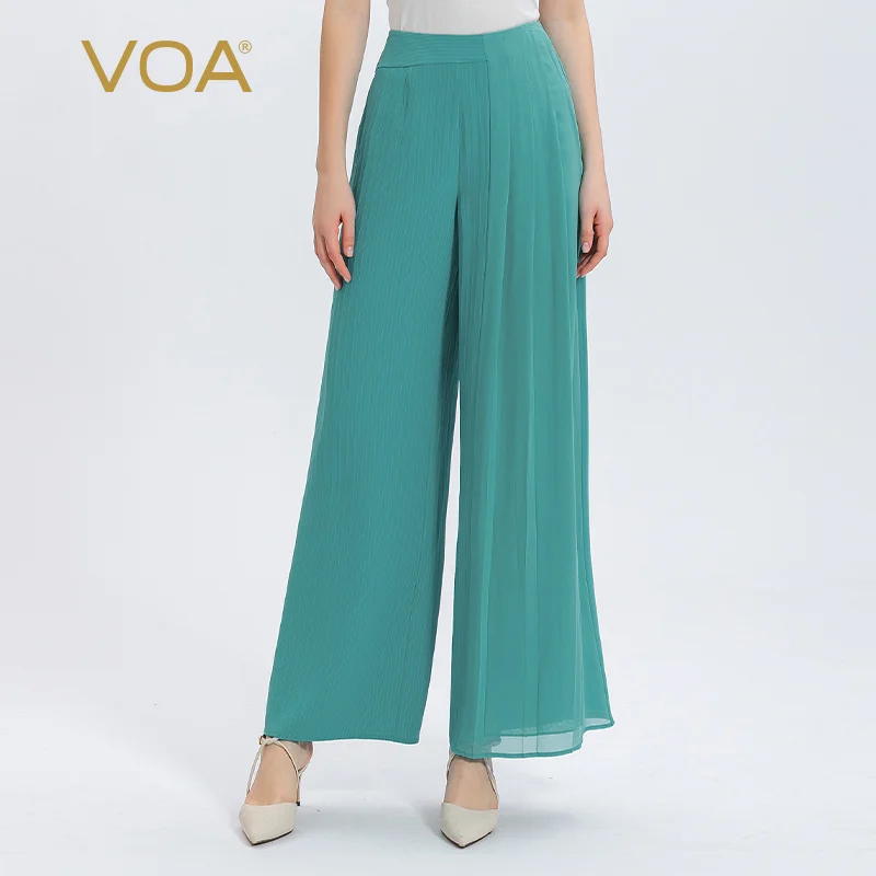 

VOA Solid Color Stripe Silk Wide Leg Pants Women Loose Casual Spring Pants Trousers Classic Soft Long Female Bottoms KE630