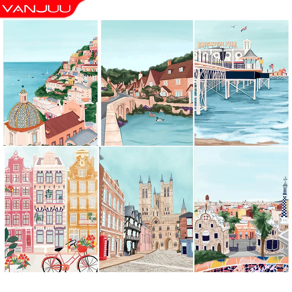 

5D алмазная живопись, пейзаж, полная картина, морской город, Алмазная мозаика «сделай сам», алмазная вышивка, картина стразы, украшение для до...