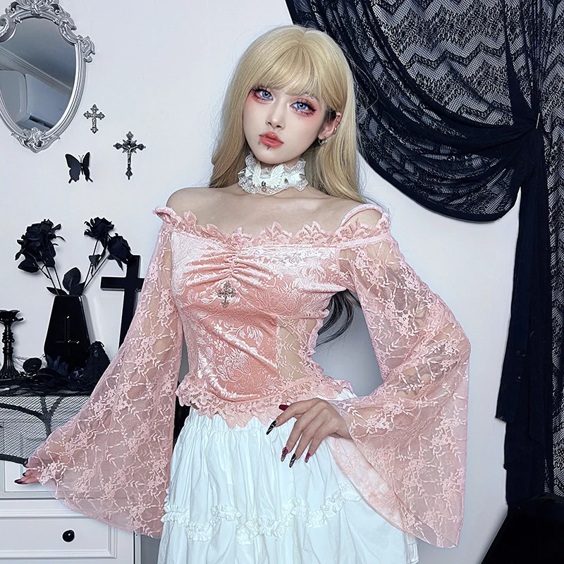 

New Designed Women Goth Blouse Long Flare Sleeve Slim Pullover Lace Patchwork Gothic Style Lady Suspender Blouse For Spring 2023