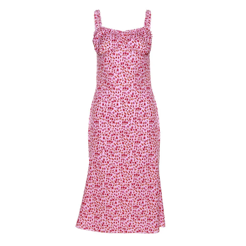 

Dresses For Women 2022 Summer Floral Print Fashion Spaghetti Strap Slash Neck Sexy Midi Dress Female Elegant Pink Casual Outfits