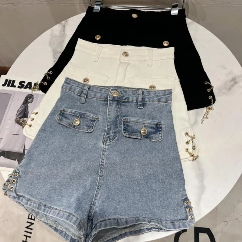 

Denim Shorts Women 2022 New Spring Summer Fashion Side Metal Chain Lacing Up Jeans Shorts f34