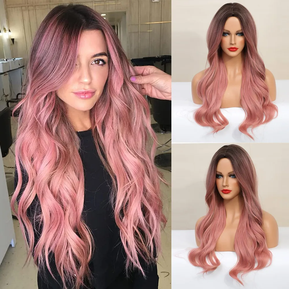 U.SHINE Ombre Brown Mixed Pink Blonde Long Synthetic Wave Wigs for Women Heat Resistant Colorful Fiber Cosplay Lolita Wigs