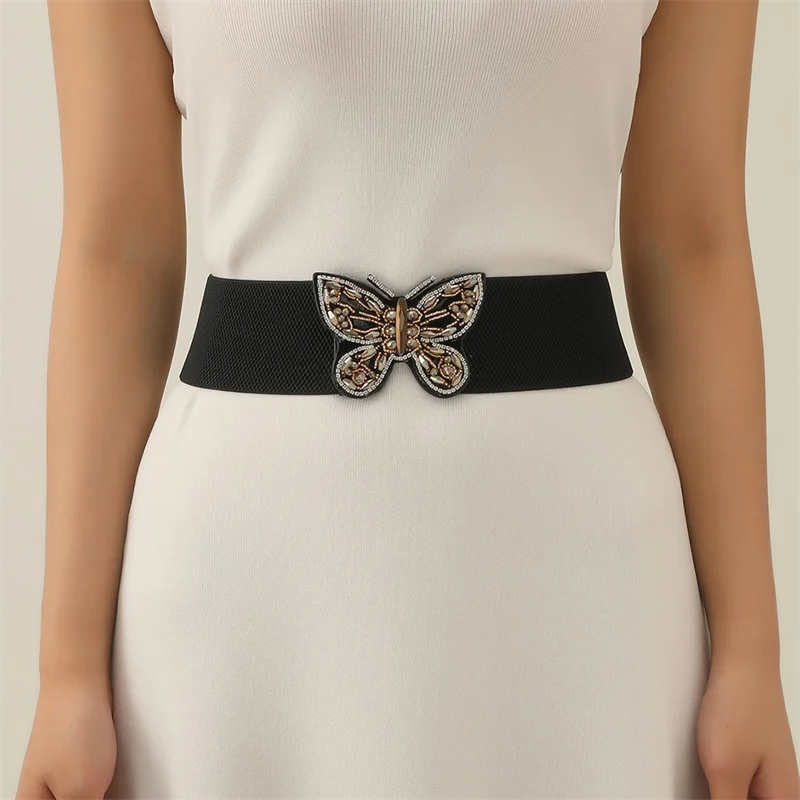 Jovivi Women Elastic Waist Belts Manmade Rhinestone Pearl Vintage Stretch Butterfly Dress Belt Skinny Fashion Wide Waistband