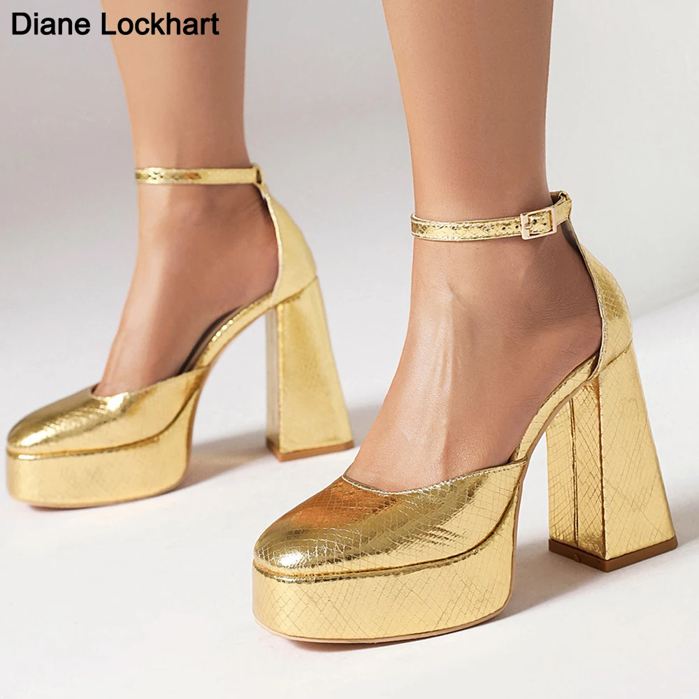 

Gold Silver Ankle Strap Platform Pumps Women Square Toe Mary Jane Shoes Woman Goth Chunky Thick High Heels Ladies free shipping