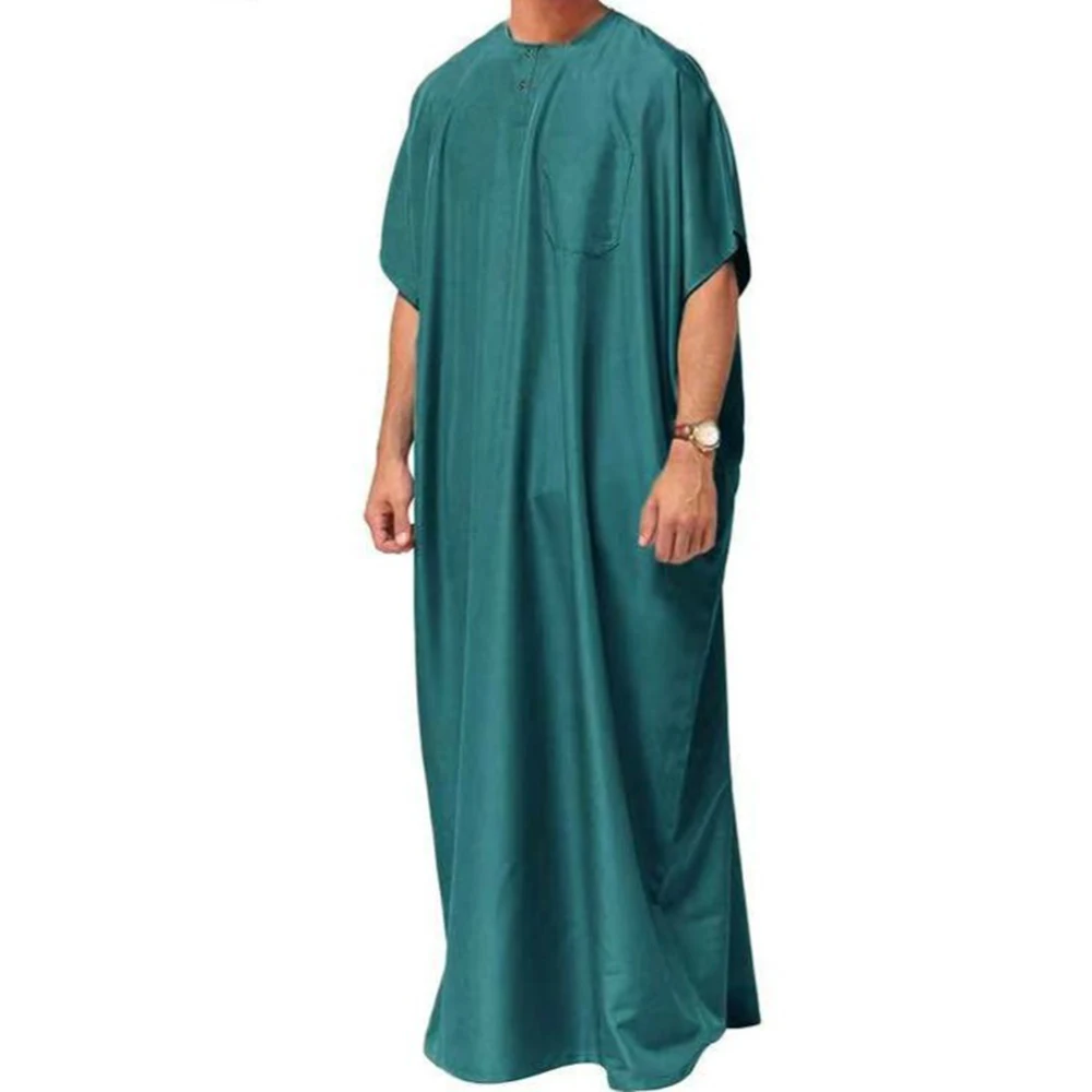 Middle East Ethnic Costume Muslim Robe Solid Color Men Gentleman Simple Arabic Islamic Casual Party Loose Cotton Robe