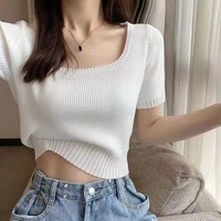 square neck knit white crop top women summer casual t shirt basic sexy streetwear black short sleeve tops tee