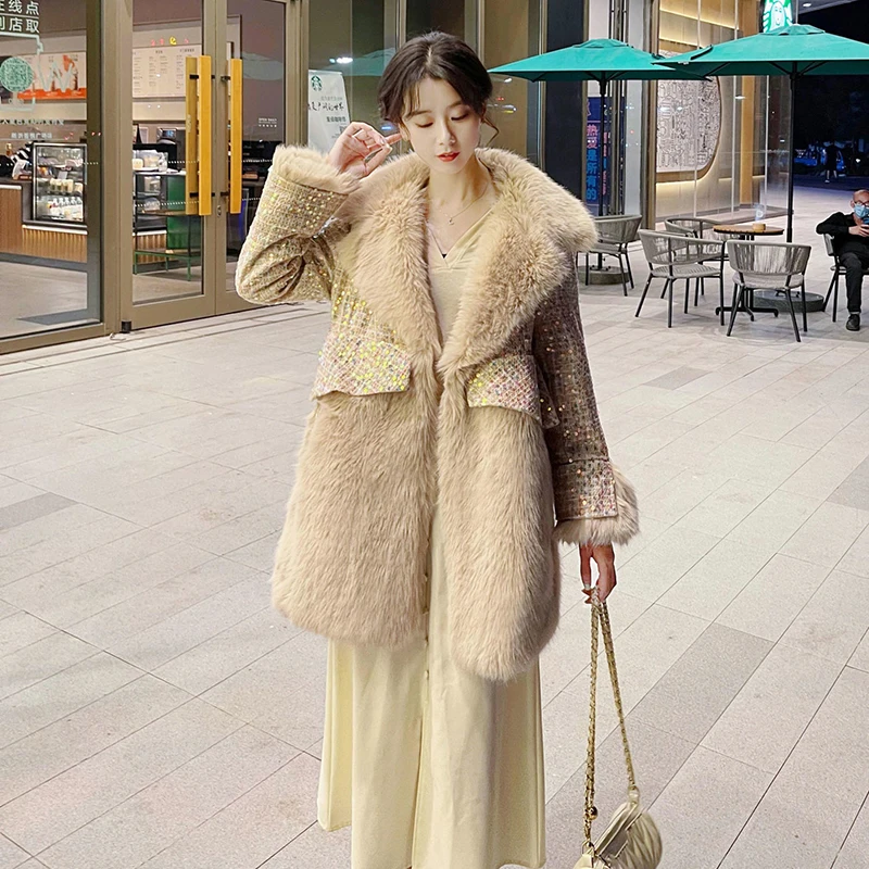 2022 Winter Women's New Style Small Fragrance Bright Diamond Loose Ladies Temperament Plus Cotton Thickened Imitation Fur Coat