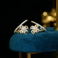 french style exquisite shine rhinestone flower earring for lady temperament 14k real gold bling ziron stud earrings bijoux