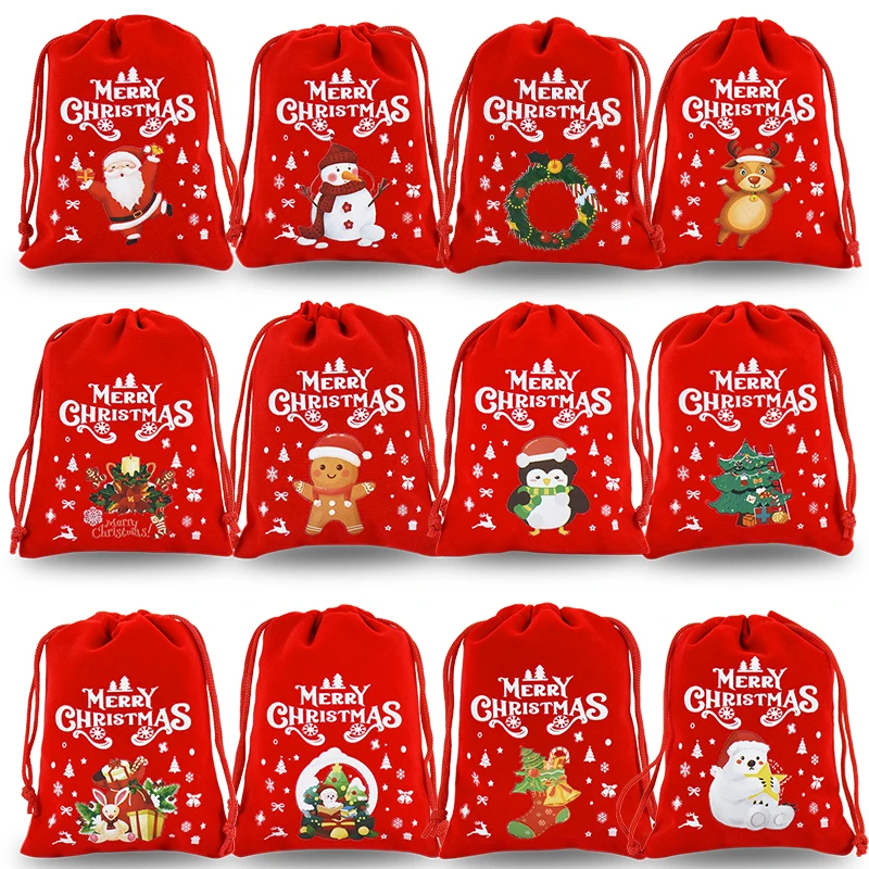 

5Pcs Christmas Drawstring Gift Candy Bags Small Red Pouch Xmas New Year Party Decor Velvet Bracelet Jewelry Packaging Bag 9x12cm