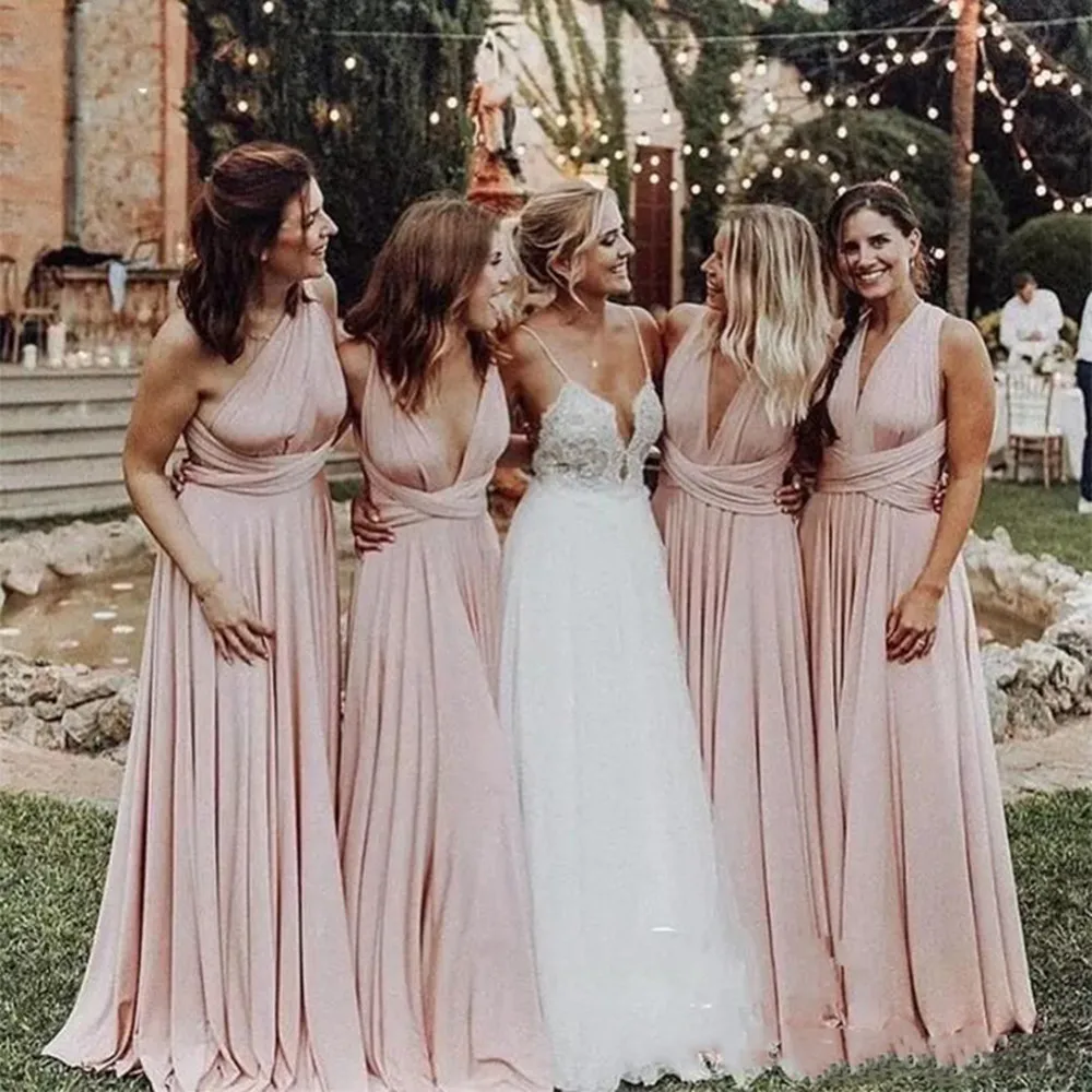 

2022 Light Pink V-Neck Long Bridesmaid Dresses Ruched Floor Length Maid of Honor Dress Wedding Guest Dress
