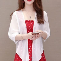 new summer chiffon cardigan women short mesh sunscreen jacket casual black red white half sleeve thin coat x124