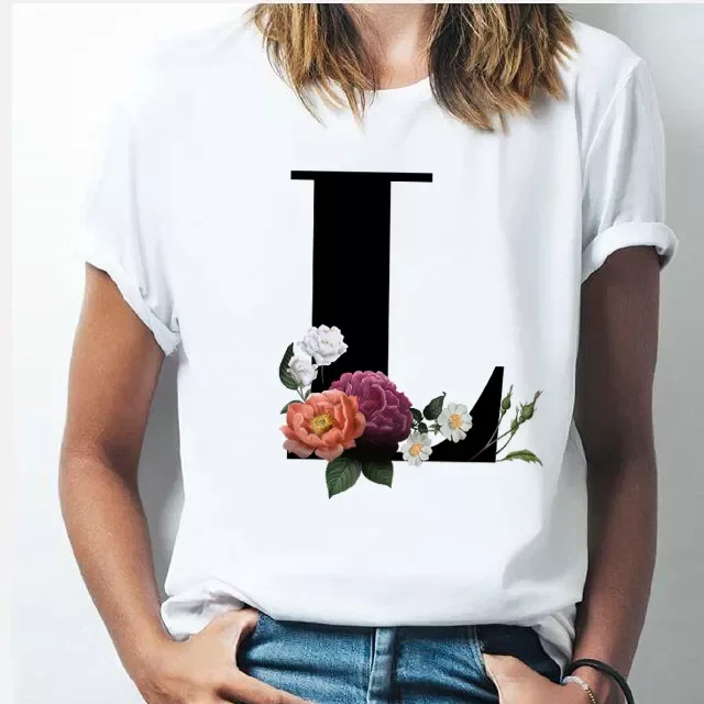 

2022NEW alphabet letter women T-shirt Girl A To Z Alphabet combination flowers Short Sleeve casual Korean Style Tops,Drop Ship