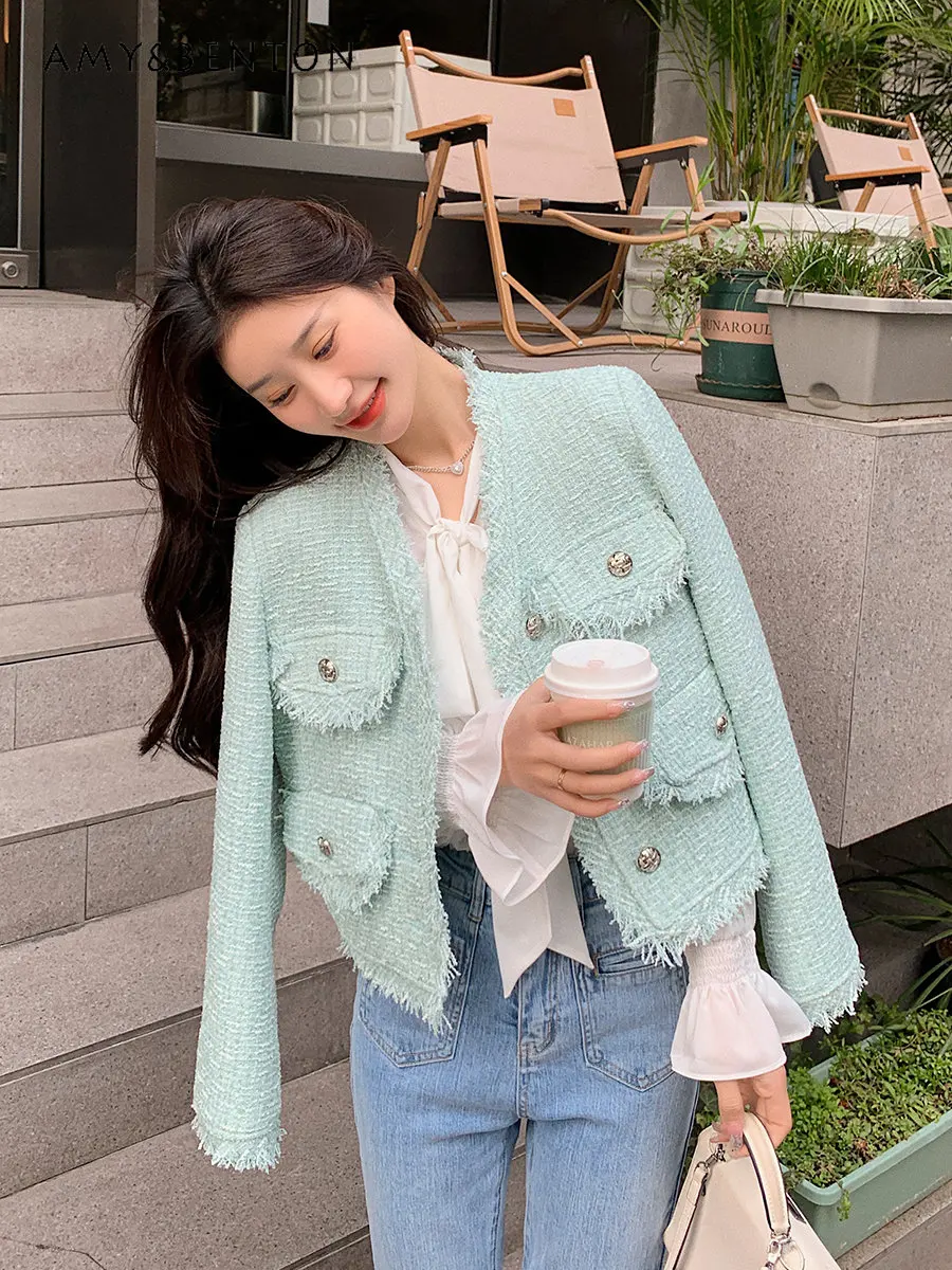 

Tweed Raw Edges Design Casual Jacket for Women Elegant V-neck Single Breasted Coats for Ladies New Fashion Design Sense Coats