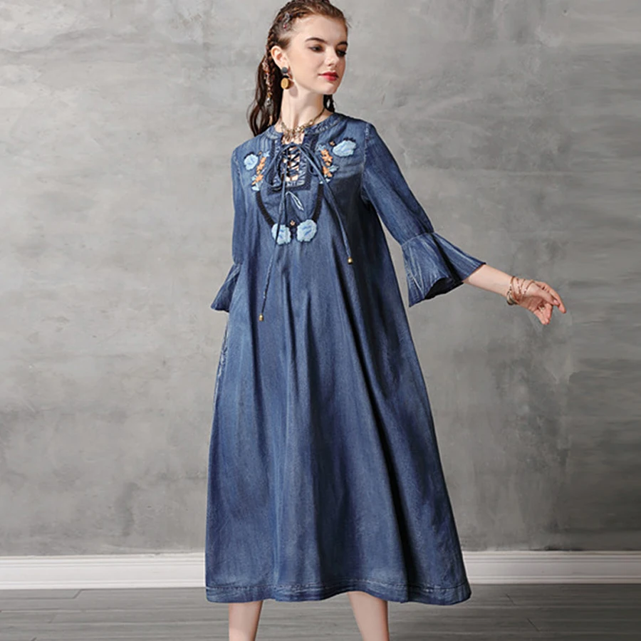 

Denim Boho Tunic Dresses Bule Cotton Floral Embroidery Autumn Dress Flare Sleeve Gypsy Loose Long Girdle Women’s Dresses Vestido