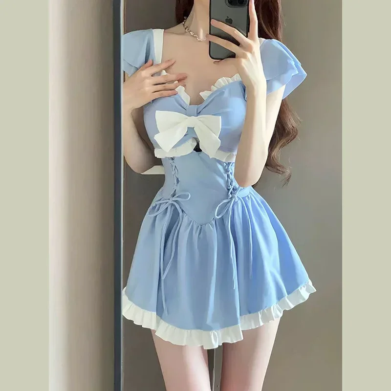 Ins Стиль сладкий милый зеленый купальник женский летний консервативный цельные