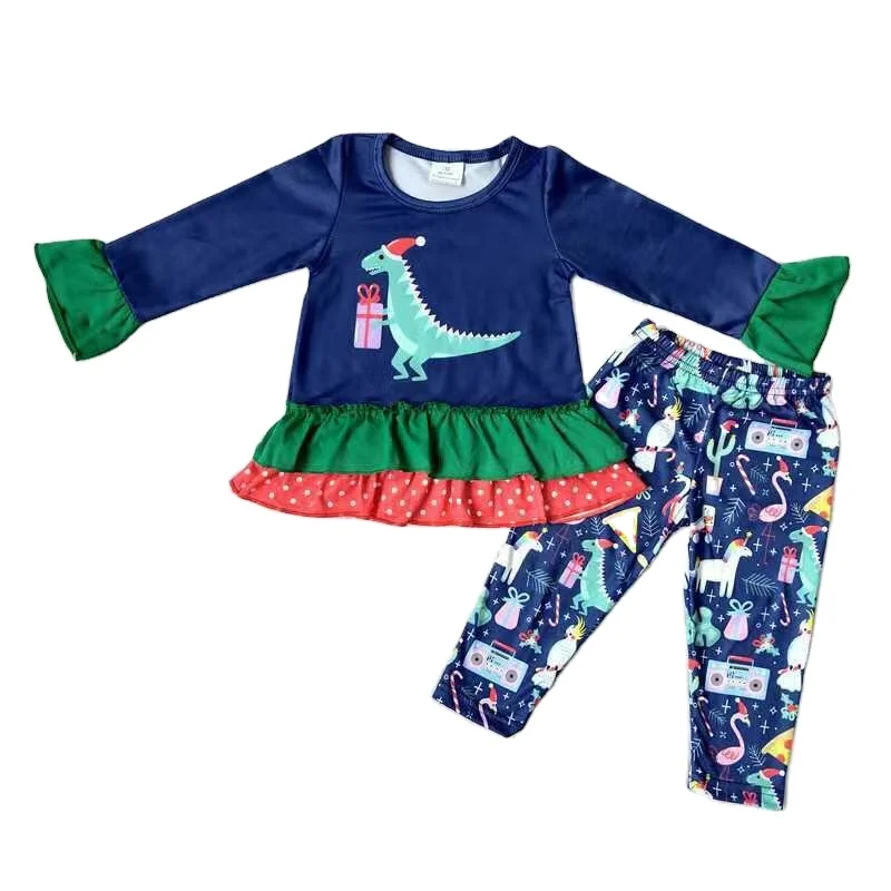 

New Navy Clothing Dinosaur Pattern Ruffle Long Sleeve Top Cartoon Printing Pants Little Girl Dresses