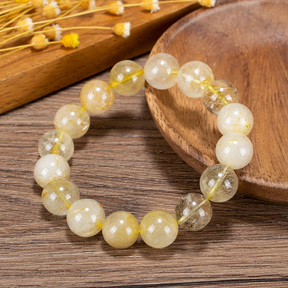 

Natural Gold Hair Crystal Bracelet Charm Round Chain Beads Gift 8mm 10mm Handmade Bangles Casual Jewelry Pulsera