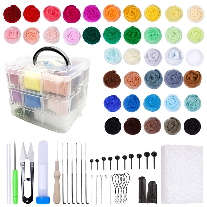 

MIUSIE 36/40 Colors 3g Wool Roving Felting Needle Set DIY Material Package With Felting Needles 3 Layers Plastic Box