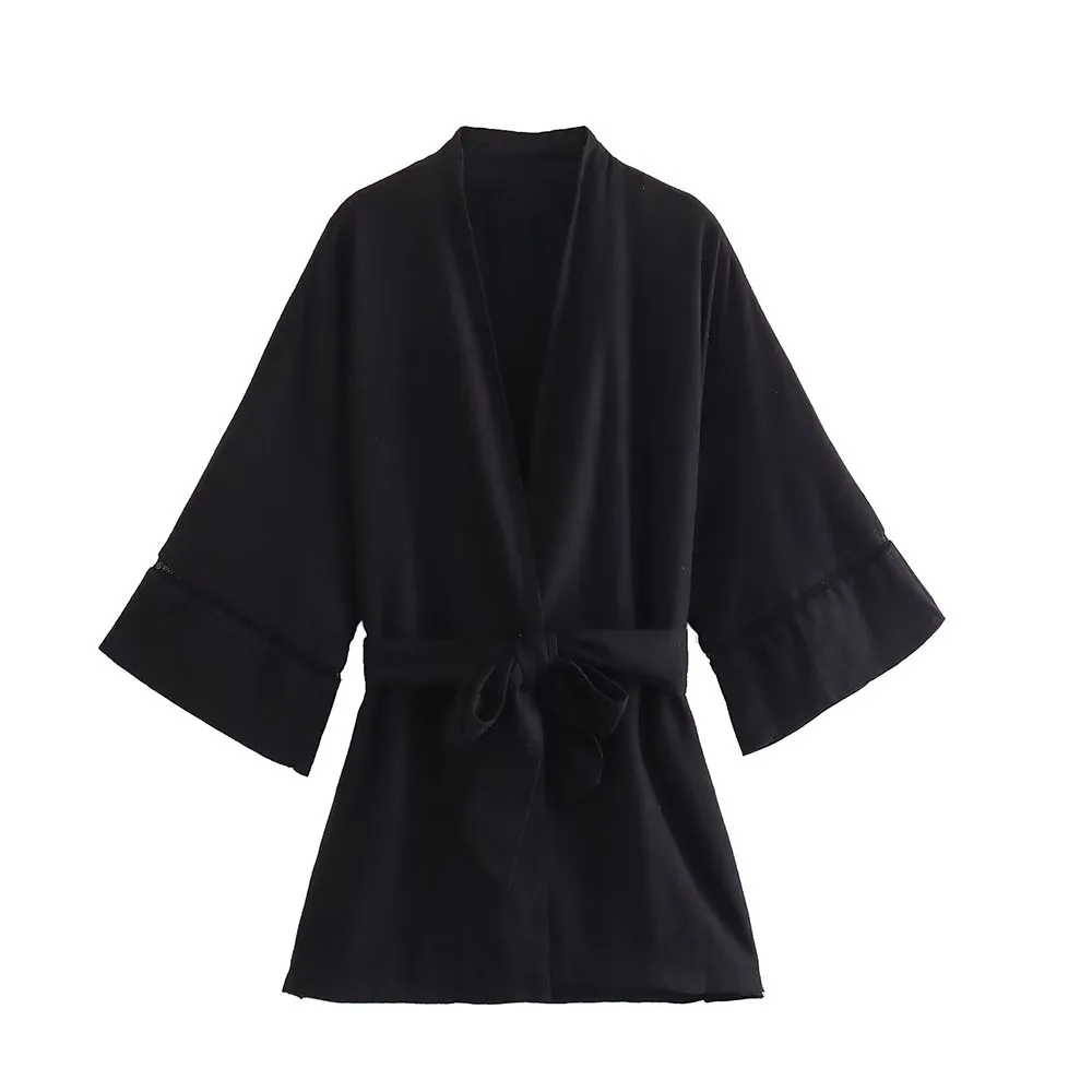 

Early autumn new fashion women's temperament casual all-match V-neck long-sleeved vertical lace linen blended kimono coat