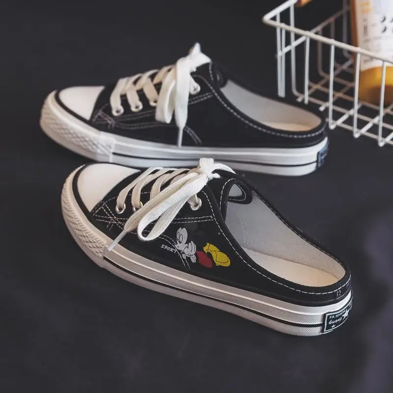 Disney 2022 New Small White Shoes Without Heels Half Slippers Canvas Shoes Women's Mickey Flat Bottomed Versatile Half Support