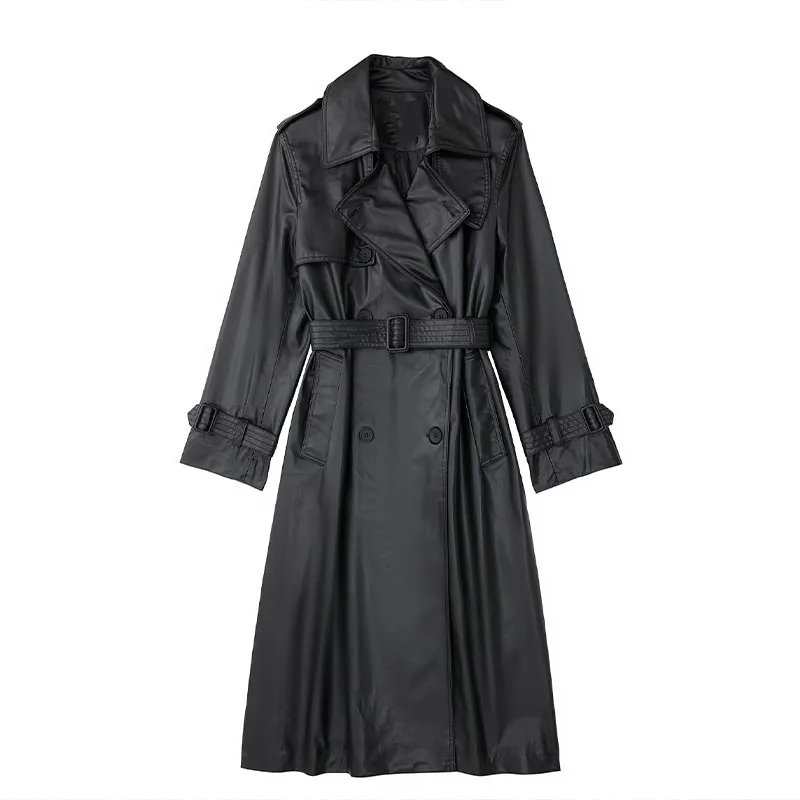 ZATRHMBM 2022 New Fashion Faux Leather Trench Coat Vintage Ladies Jackets Long Sleeve Button Up Female Outerwear Chic Overcoat