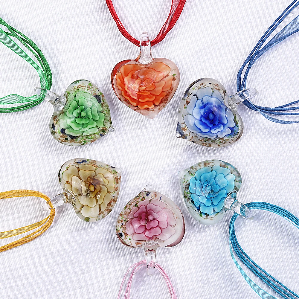 

Fashion Wholesale Lots 6pcs Handmade Murano Lampwork Glass Mixed Color Inside Red Flower Pendants Silk Cords Necklace New Arrive