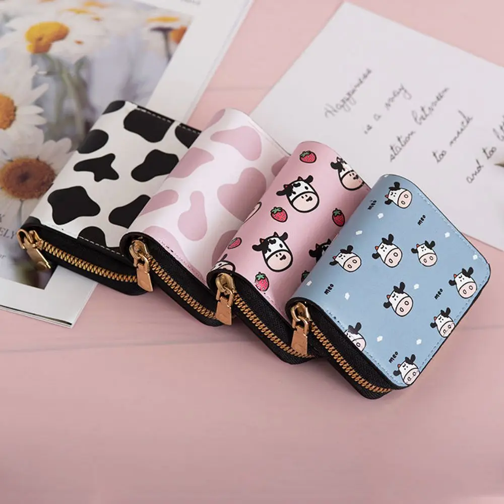 

Cute Cow Print Girls Multifunctional Three-fold PU Leather Women ID Card Holder Coin Purse Cartoon Wallet Short Purse