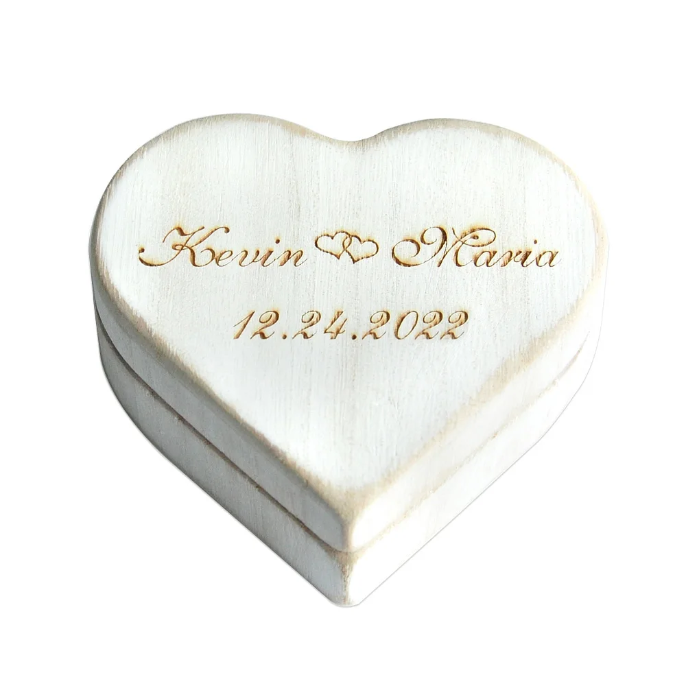 

Personalized Wood Wedding Ring Pillow Box Vintage White Heart Box Engraved Names Date Custom Ring Holder Box Rustic Wedding Gift