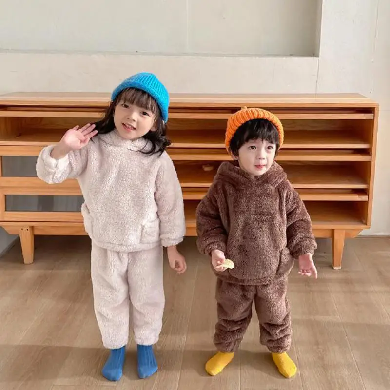 

Winter New Clothes Indoor Cartoon Bear Outfits Baby Girls Hooded Tops+Loose Trousers Solid Warm 2pcs Kid Plush Thickened Pajamas