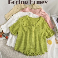 boring honey women pure colour single breasted turndown collar t shirt fashion hemming thin knitting top women fold short tops