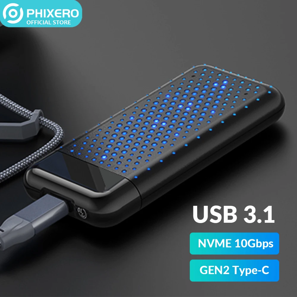 

PHIXERO Black RGB M2 SSD Case Nvme HD Enclosure USB 3.1 Gen2 Type C 10Gbps M Key Hard Drive External Storage Box for PC Laptop