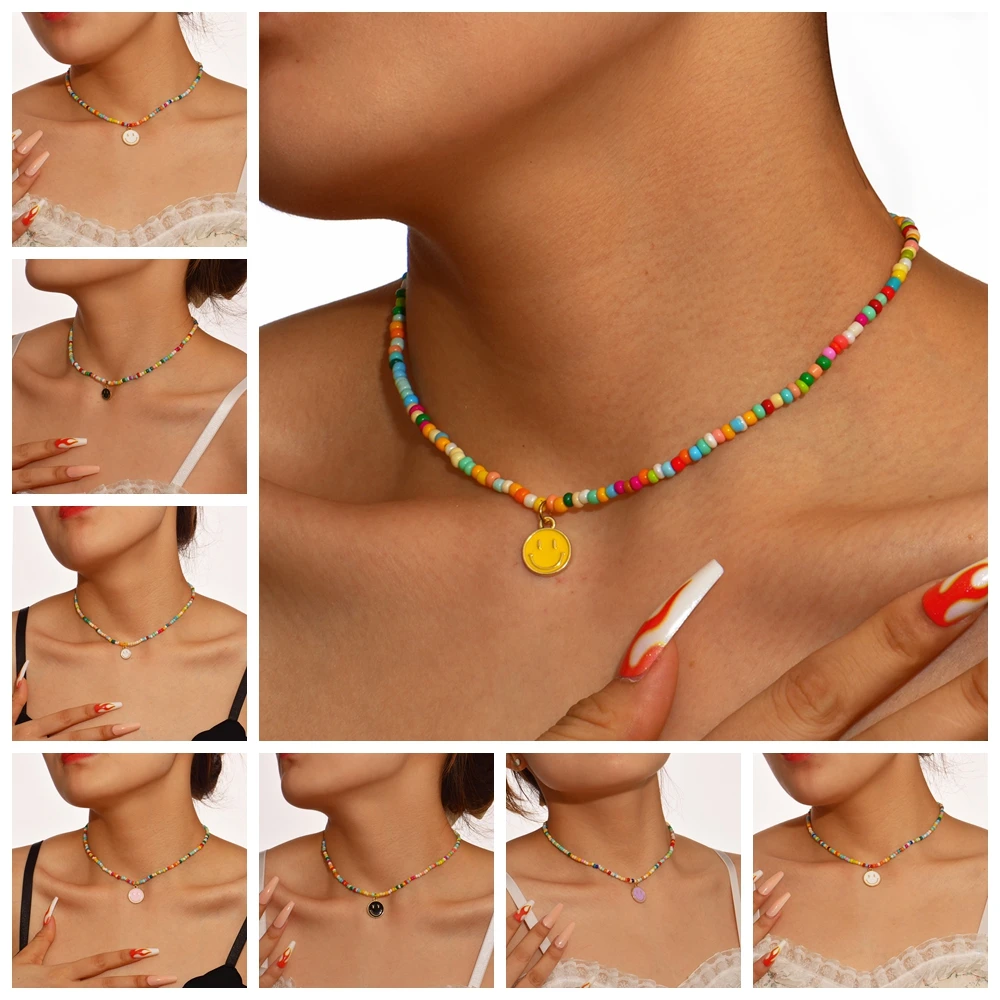 

New creative oil drip smiley face rice bead necklace simple multi-color cartoon face necklace necklace jewelry wholesale 2023