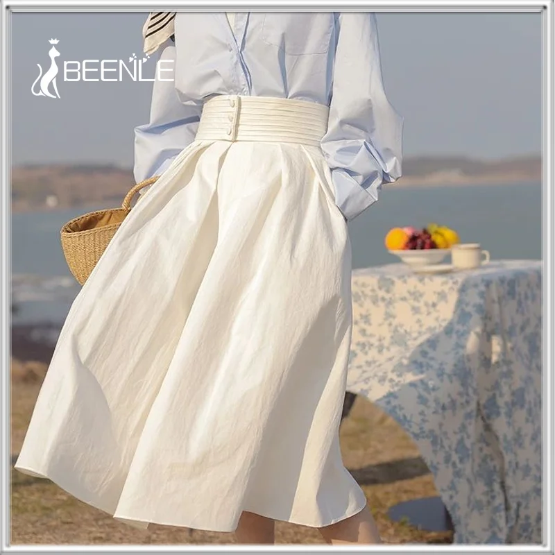 

BEENLE Long Skirts Roman Holiday Woman Spring Summer Solid Elegant Skirt High Waist French Retro Dress A-line Women Clothing