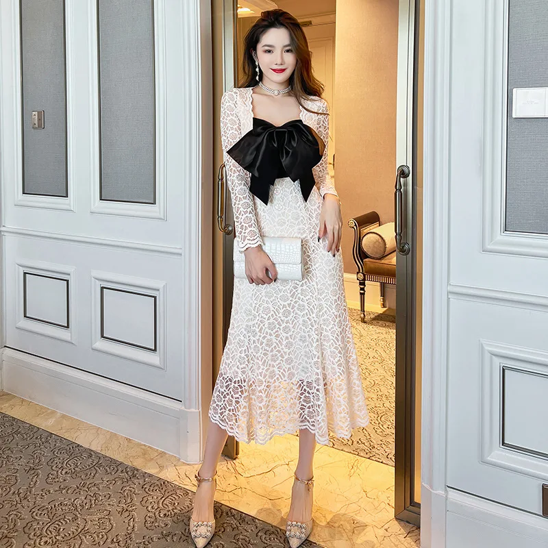 Женские платья элегантные кружевные милые ажурные женские с бантом одежда для