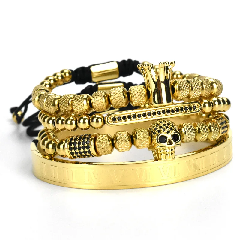 

2021 new European and American retro crown ghost woven Bracelet Roman letter stainless steel Skull Bracelet Set four men