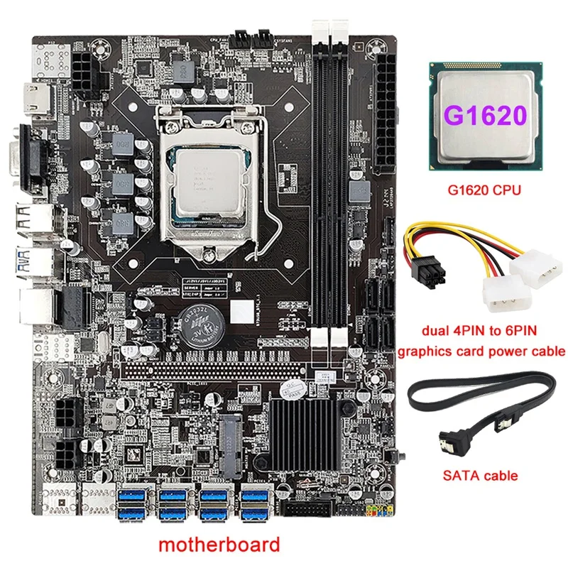 

B75 8 Card BTC Mining Motherboard+G1620 CPU+4PIN To 6PIN Power Cable+SATA Cable 8 USB3.0(PCIE) LGA1155 DDR3 RAM SATA3.0
