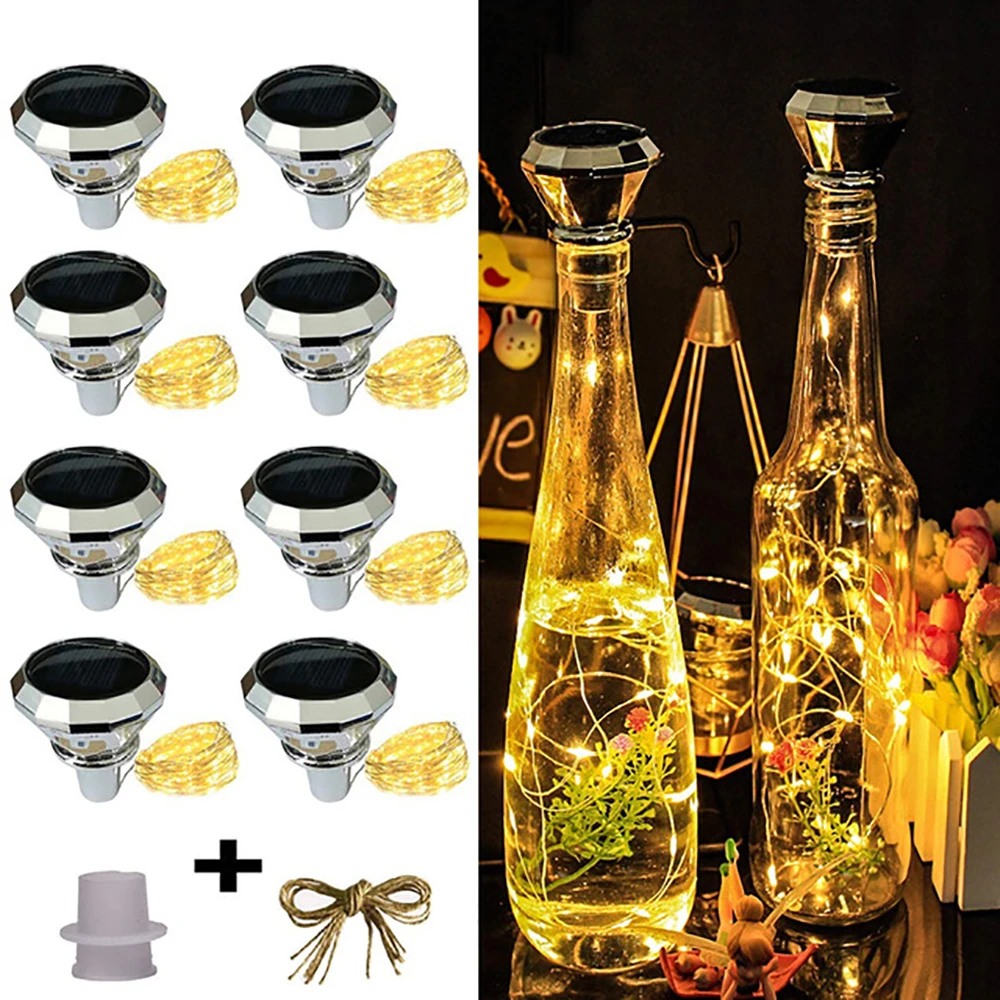 

8 шт. Алмазная пробка для бутылки вина, медная проволока на солнечной батарее, световая гирлянда для патио, атмосфера светодиодный светодиод...