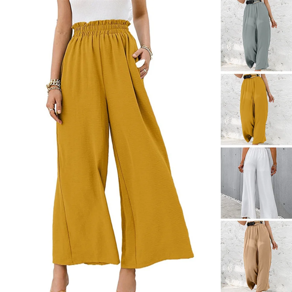 

Women High Waist Wide Leg Pants Ruffled Casual Cropped Trousers with Pocket Elastic High Waisted Pants Spring Summer PR Sale