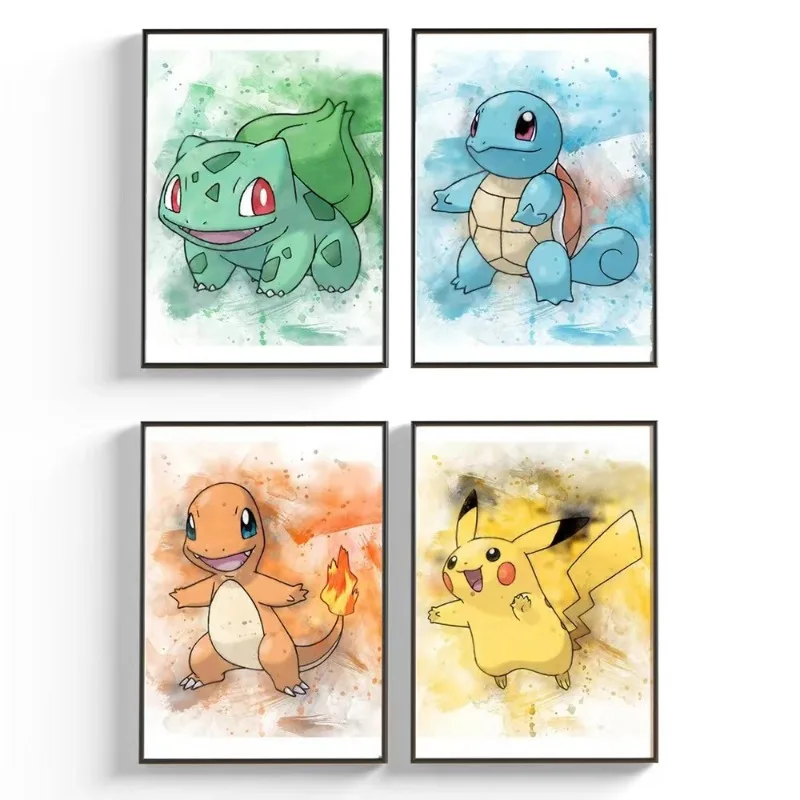 Anime Pokemon Canvas Schilderij Bulbasaur Charmander Squirtle Poster en Print Aquarel Wall Art Picture Home Decor Kids Geschenken
