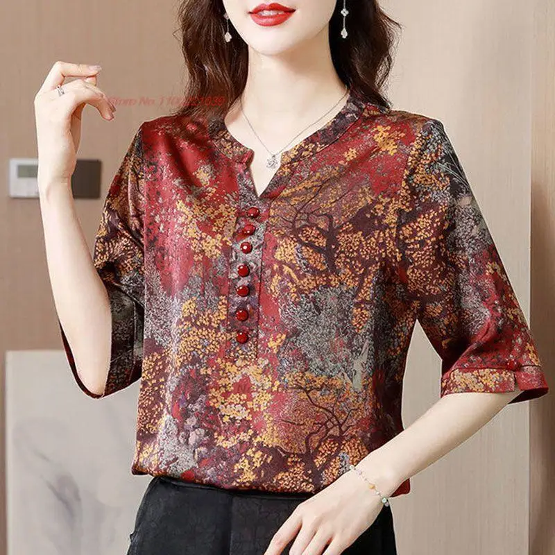 

2023 chinese vintage hanfu blouse natioanl flower print v-neck satin blouse oriental tea service hanfu shirt feminino streetwear