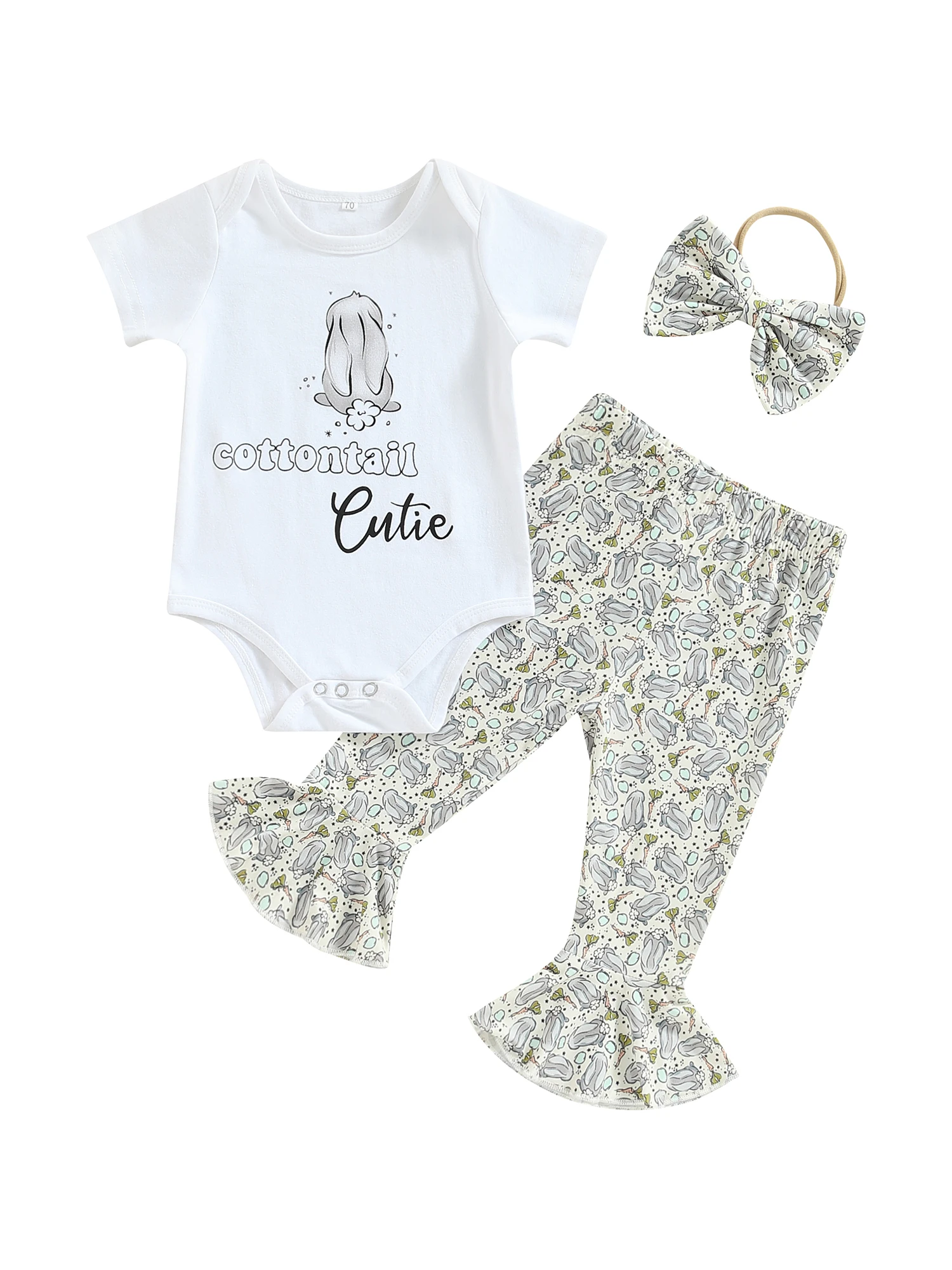 

Easter Bell Bottom Outfit Baby Girl Letter Romper Short Sleeve Bunny Print Shirt Rabbit Pattern Flare Pants Set