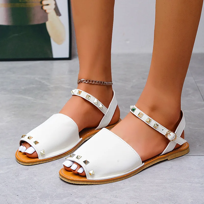 

Summer Sandals Women Flats Female Casual Peep Toe Shoes PU Slip on Leisure Solid Sewing Footwear Two-piece Plus Size 2022