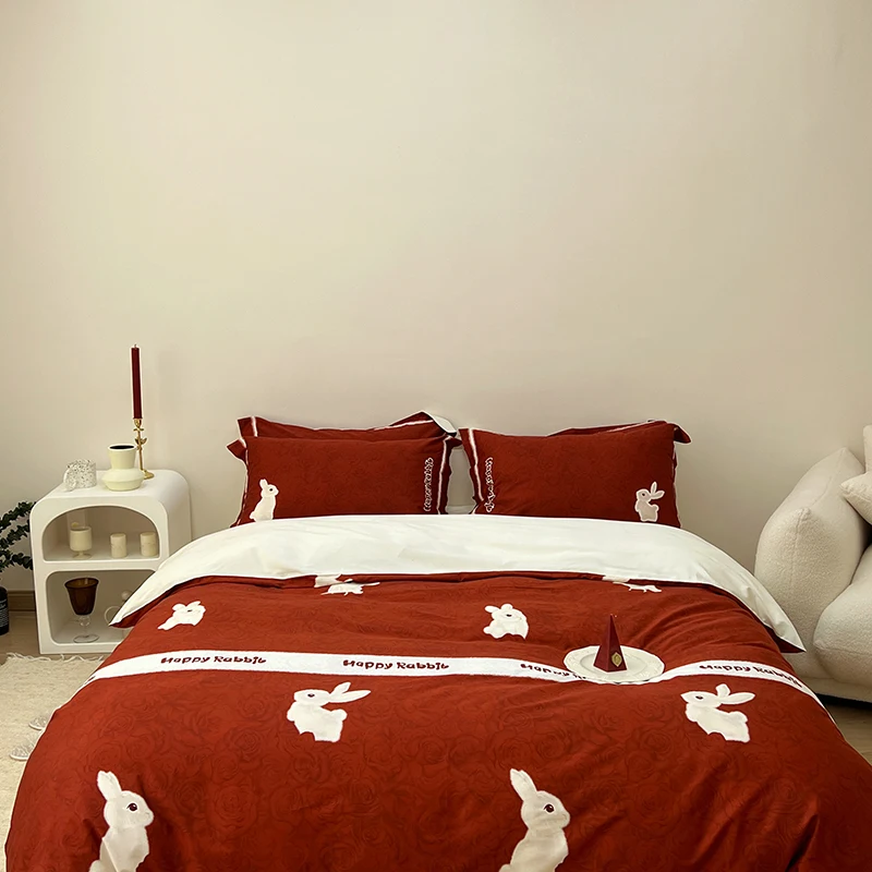

100S Australian Cotton Red Rabbit BeddingSet kingqueen bed cover set Bedsheets Duvet Cover set pillowcases for bed Wedding gift