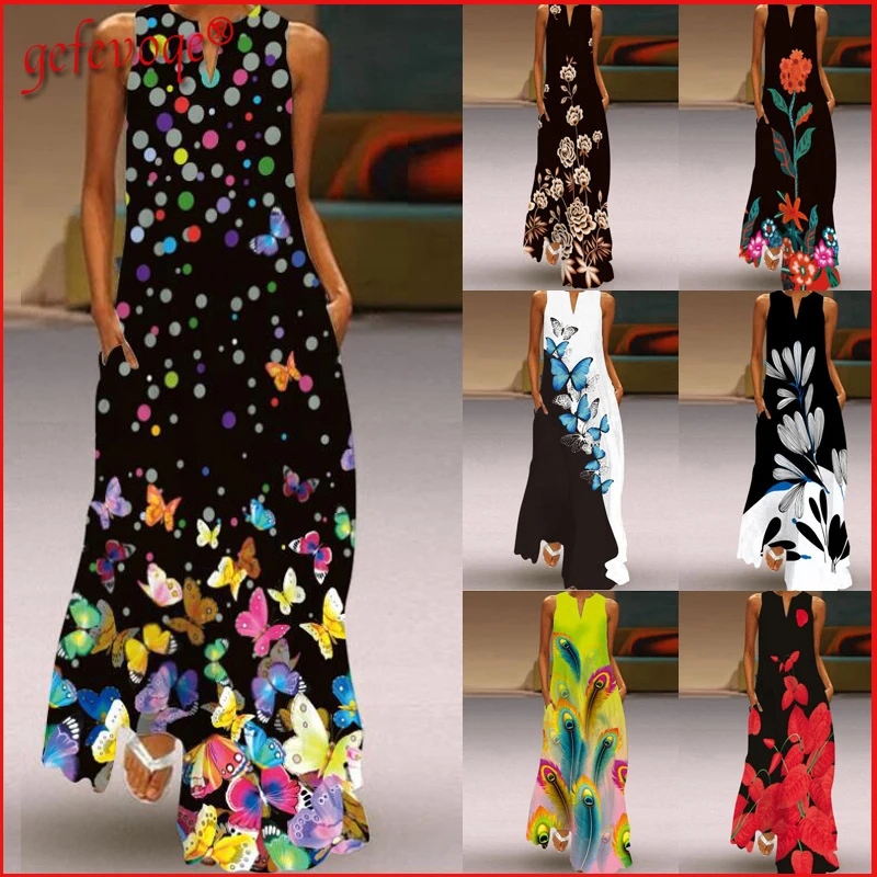 Купи 2022 Summer Fashion Women Casual Boho Retro Print Elegant Party Maxi Dresses Sleeveless Pocket Loose Beach Long Dress Robe Femme за 892 рублей в магазине AliExpress