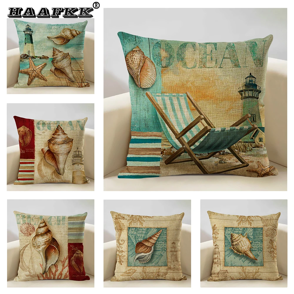 

Navigation Navy Blue Nautical Shell Starfish Linen Pillow Case Marine Cushion Cover Sofa Home Decoration Pillowcase